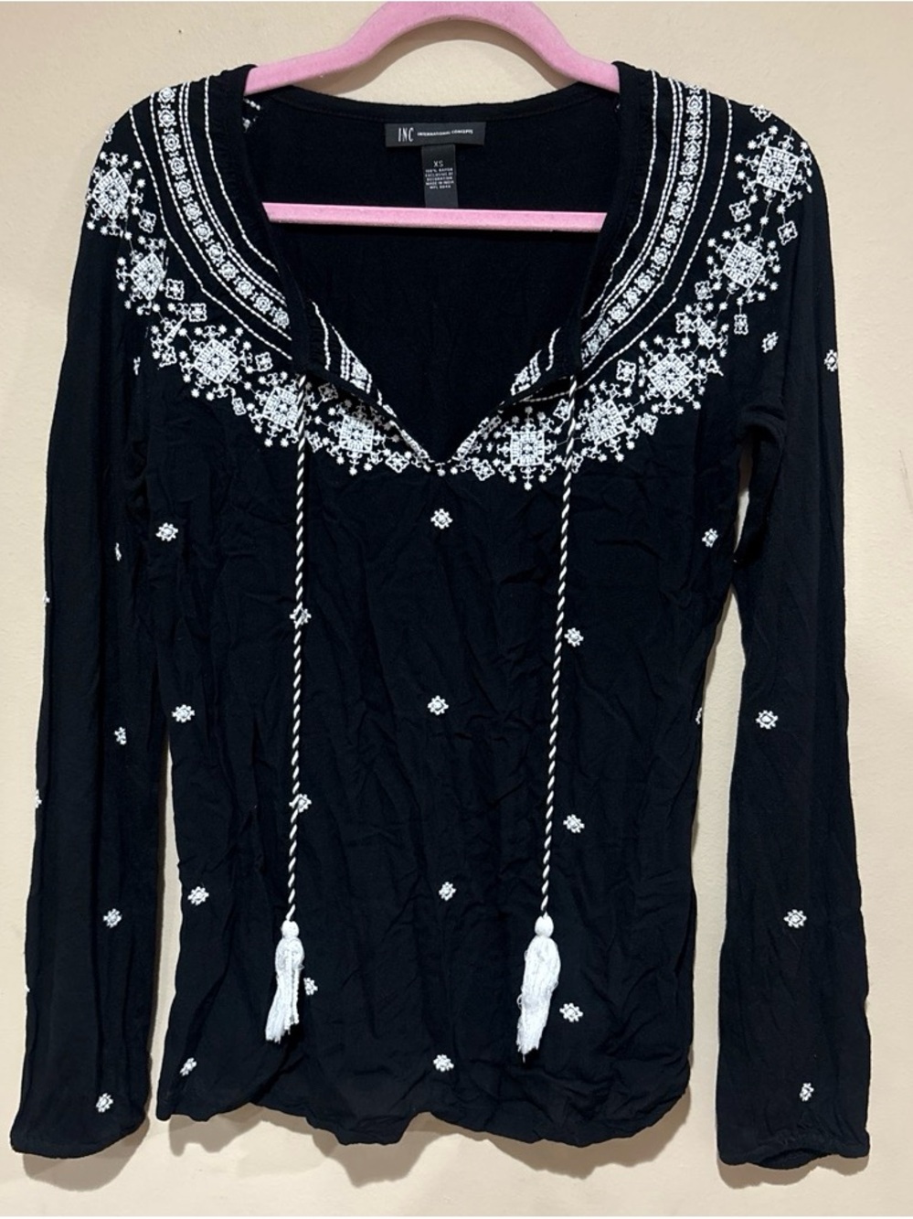 INC International Concepts Black Long-Sleeve Embroidered V-Neck Tunic